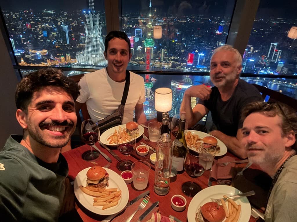 Evening dinner overlooking the Shanghai skyline during the China Cycle trip