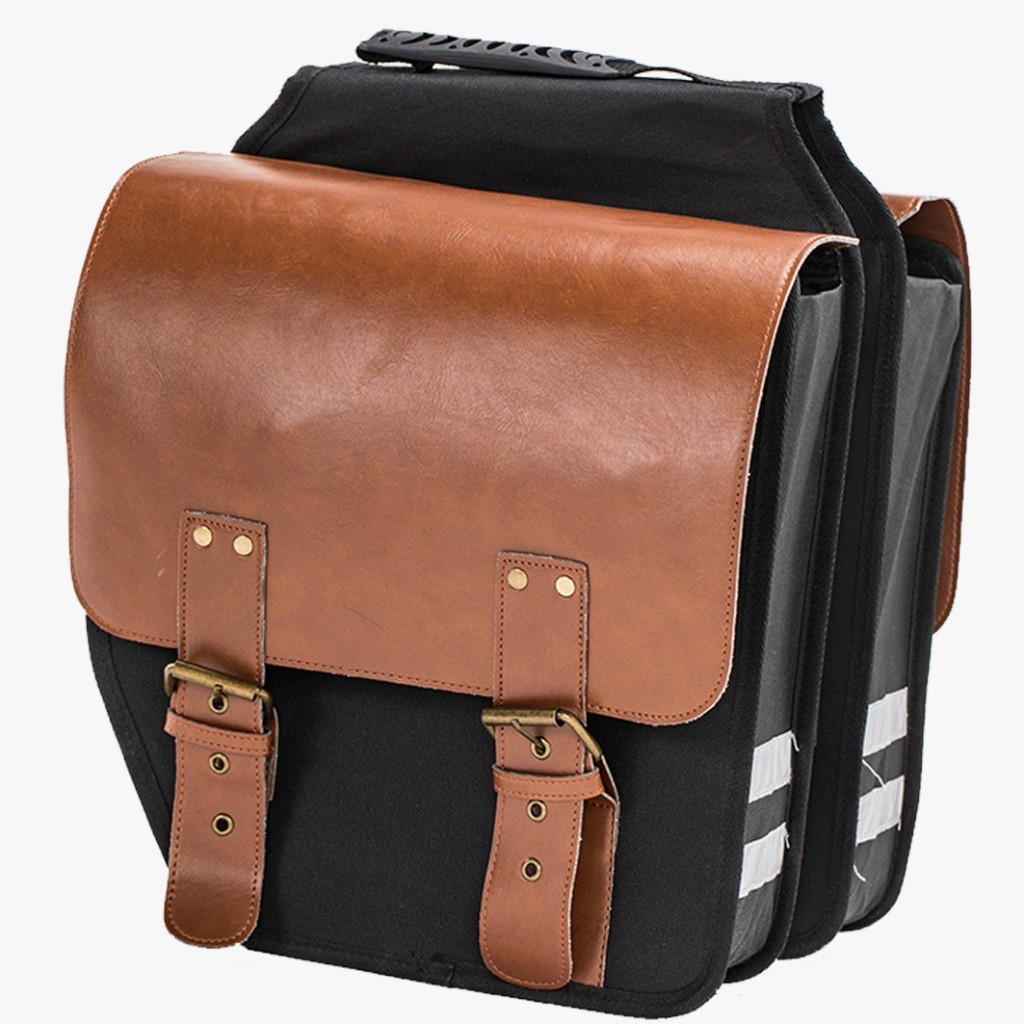 Heritage rear pannier bags — black canvas with brown leather flaps